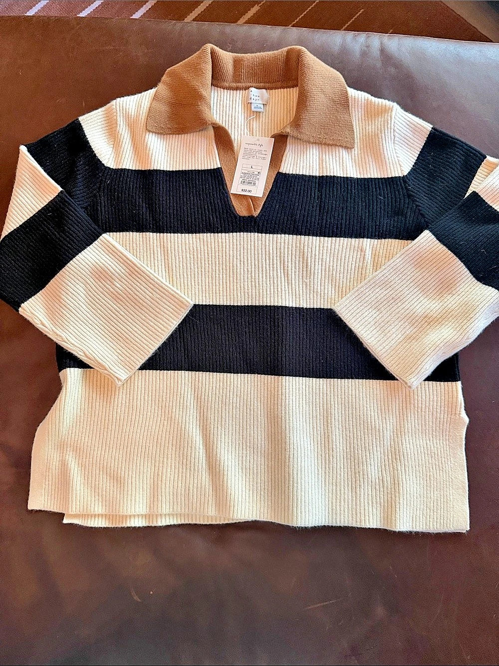 A New Day Striped Long Sleeve Polo Sweater Color Block Sweater in Cream & Black